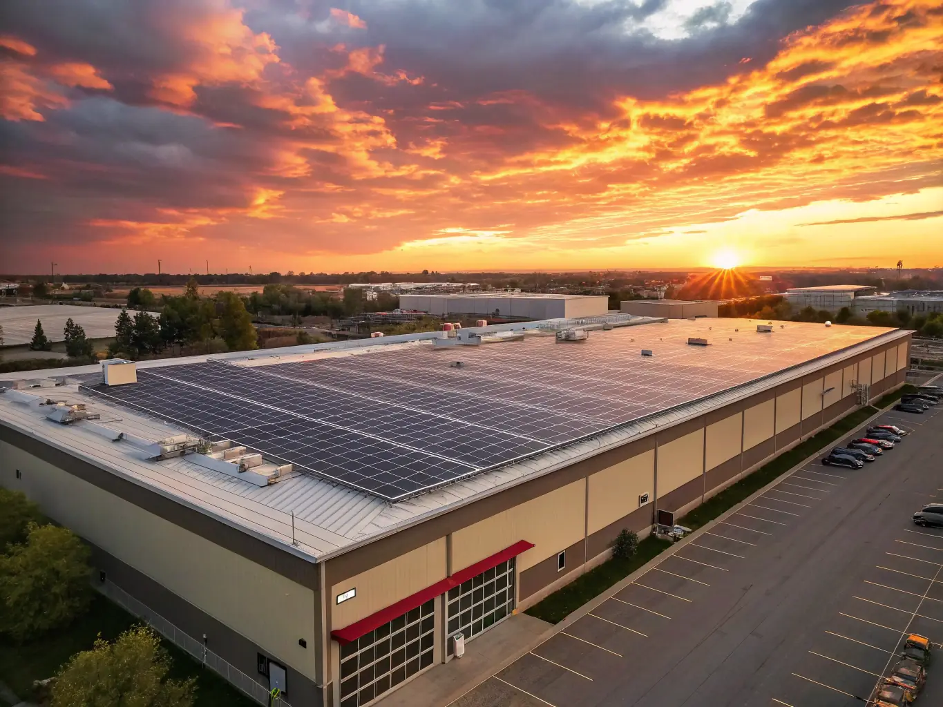 An aerial view of a solar panel array on a commercial building, highlighting the scale and complexity of the installation.
