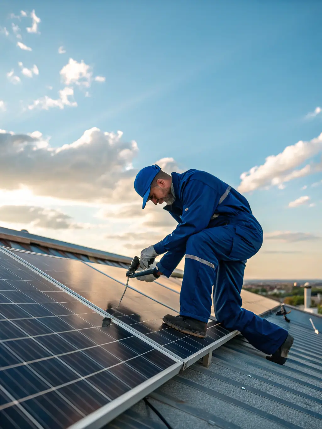 A technician using a multimeter to test the voltage of a solar panel, ensuring it's functioning correctly, with safety equipment visible.