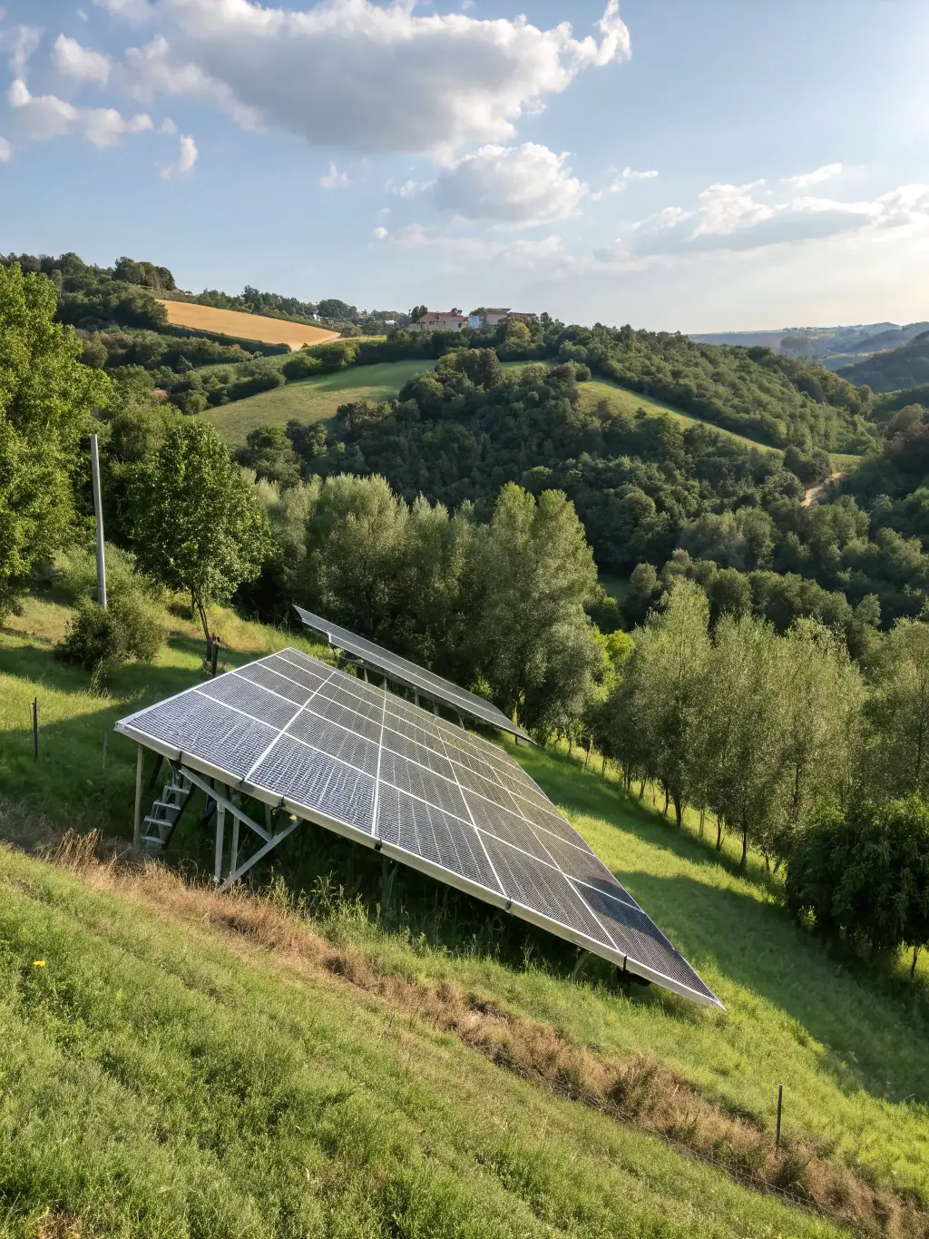 A lush green environment with solar panels subtly integrated, showcasing the environmental benefits of clean energy and Solar Seekers USA's commitment to sustainability.