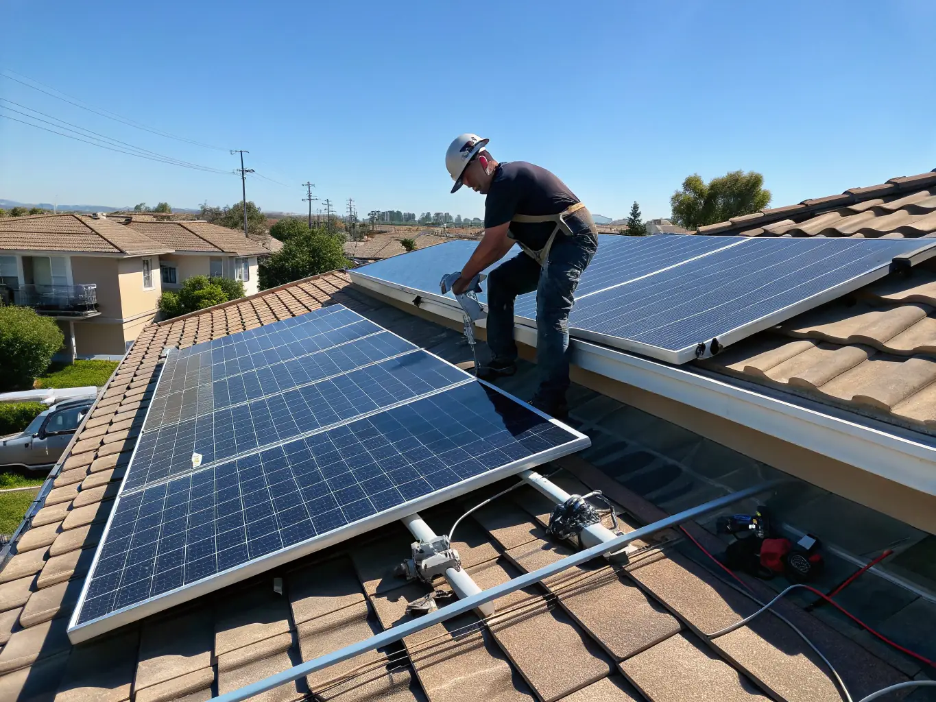 A close-up shot of a technician repairing a damaged solar panel cell with specialized equipment.