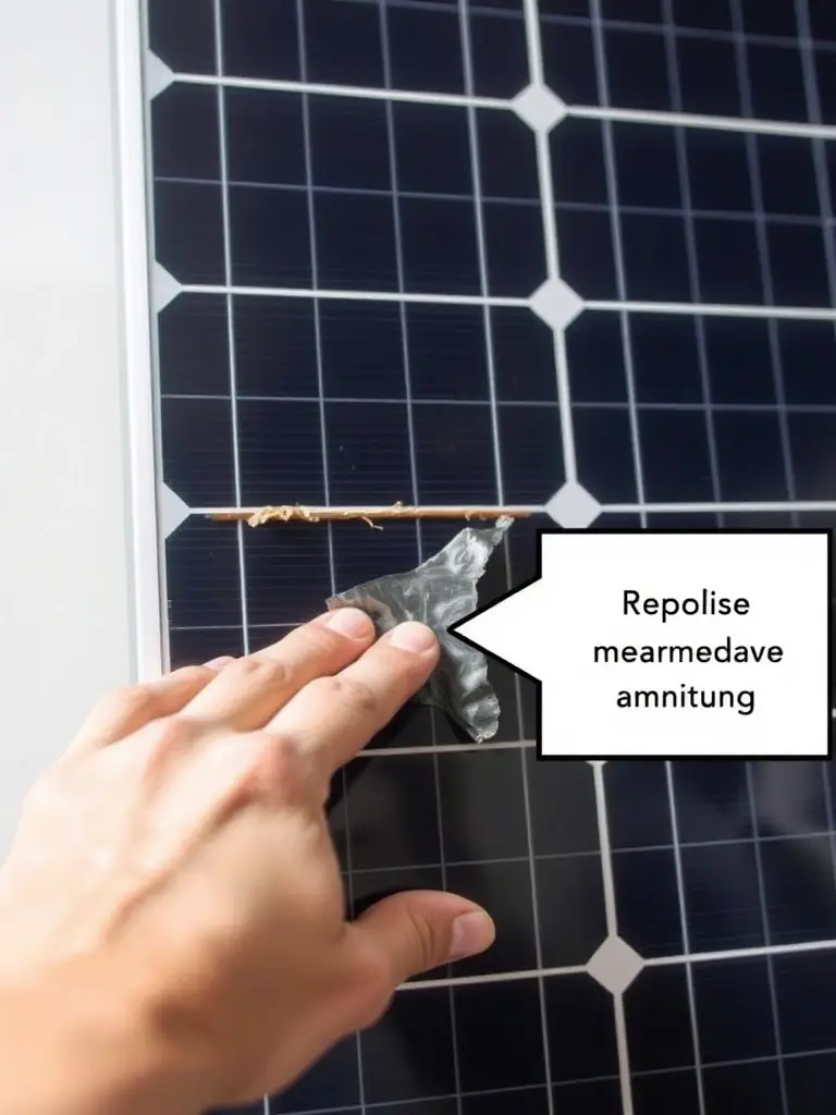 A close-up shot of a solar panel with a cracked surface, highlighting the need for repair, set against a blurred background of a residential neighborhood.