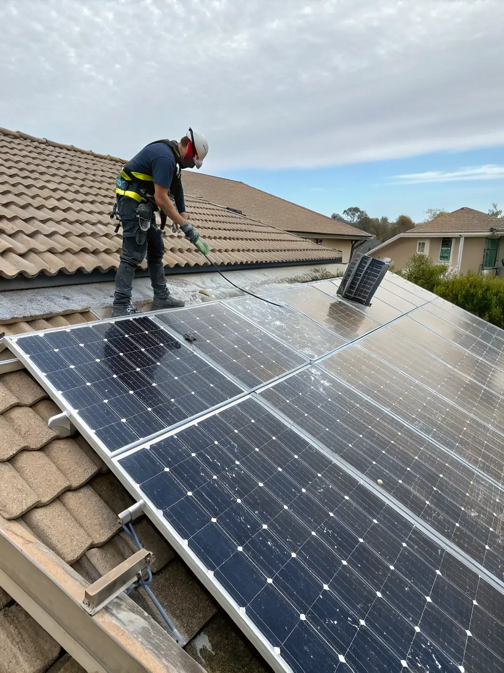 A before-and-after image showing a solar panel array covered in dirt and debris, and then cleaned and restored to its original condition.