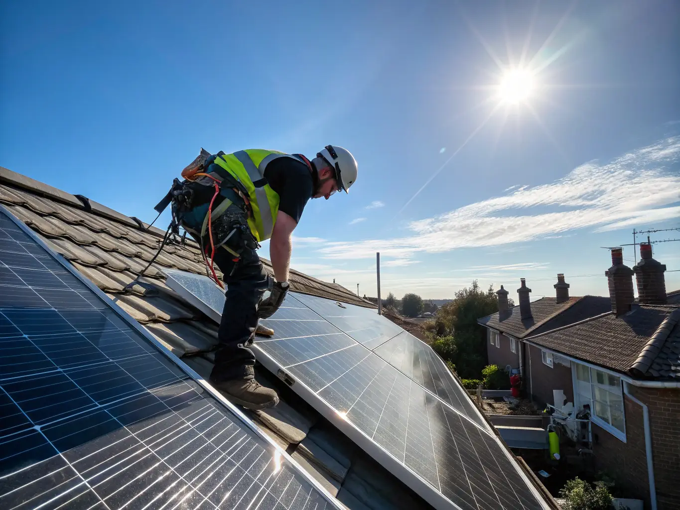 A technician inspecting a solar panel on a rooftop, with a clear view of the surrounding neighborhood.