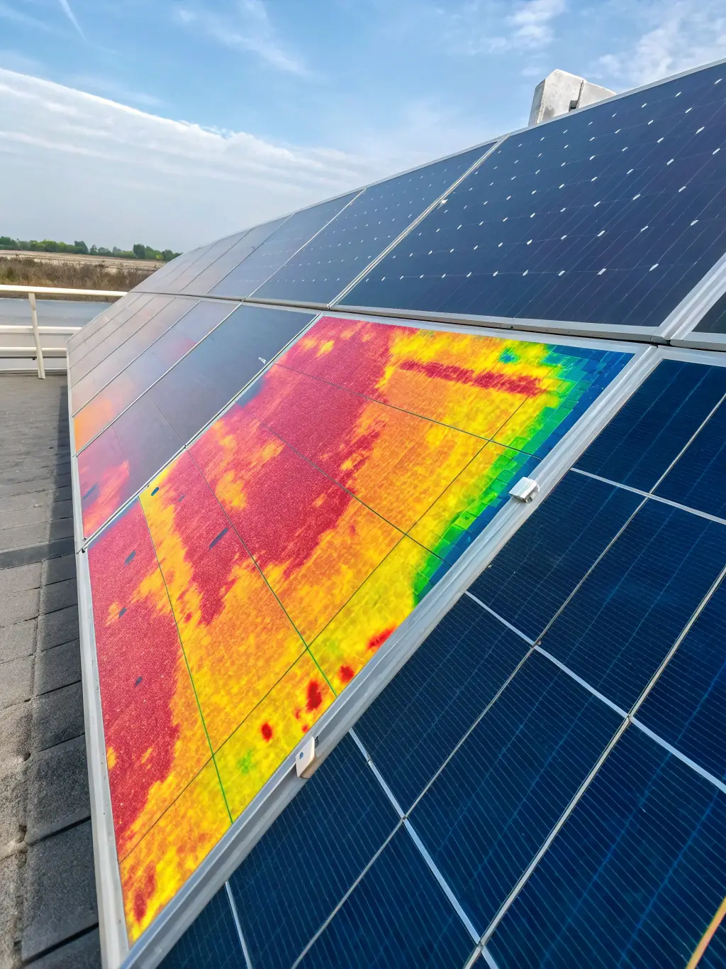 A thermal image of a solar panel showing hotspots, indicating potential issues with individual cells, taken during a routine inspection.